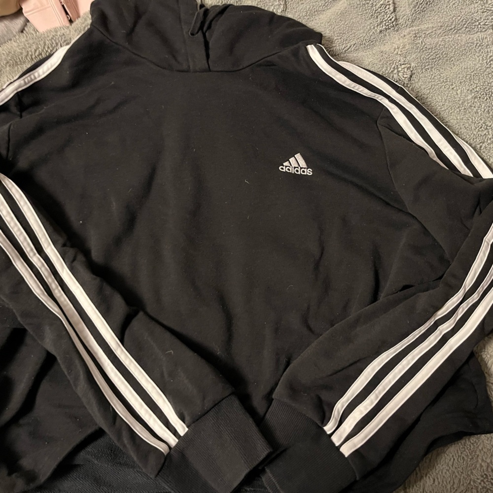 Adidas Women's Black Short (crop top like)Crewneck Sweater with White Stripes